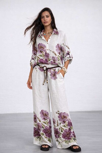 CES.İZ Italian Floral Patterned Linen Set 7 Colors – Relaxed Fit Elastic Pant...