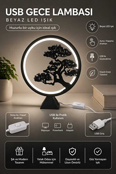 FESTİLO USB Girişli LED Gece Lambası Tasarım Beyaz Işık Dekoratif Masa Lambası