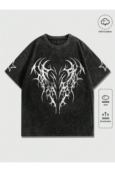 CLASSY.MODA Unisex Μαύρο μπλουζάκι με στάμπα oversize Streetwear Άνετη εφαρμο...