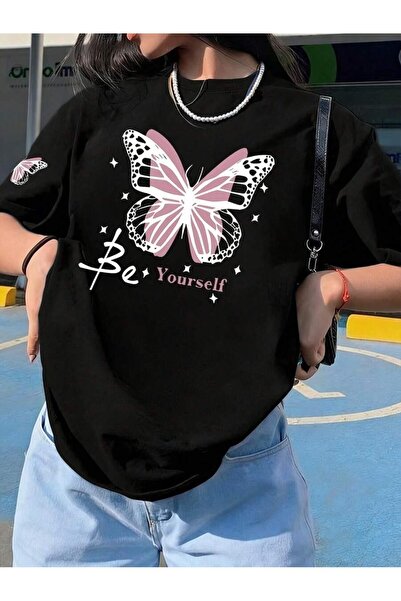 CLASSY.MODA Unisex Μαύρο μπλουζάκι με στάμπα oversize Streetwear Άνετη εφαρμο...