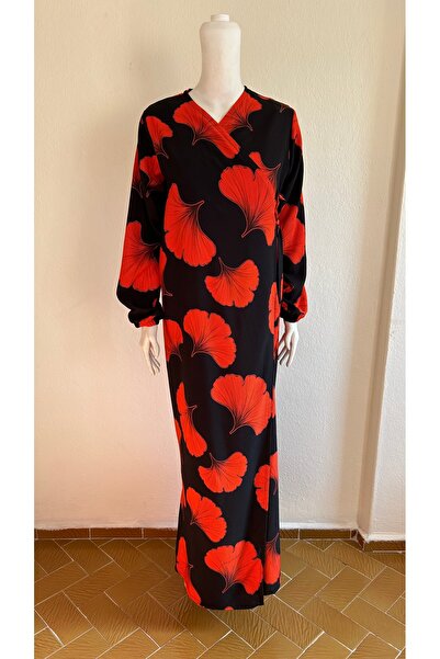 GİZGİYİM Red Leaf Patterned Side Tie Black Viscose Prayer Dress Plus Size