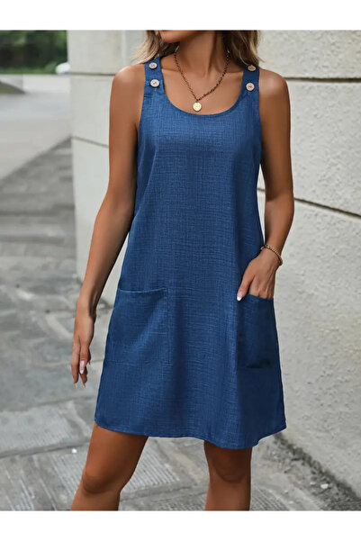 Wear Up Γυναικείο αμάνικο λινό φόρεμα με χοντρό λουράκι με λεπτομέρεια με κου...