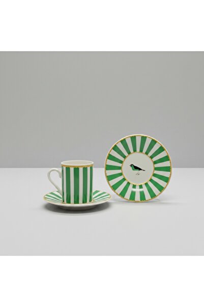 uzbayporselen 2 Kişilik Çizgili Kuş Motifli Yeşil Porselen Fincan Takımı