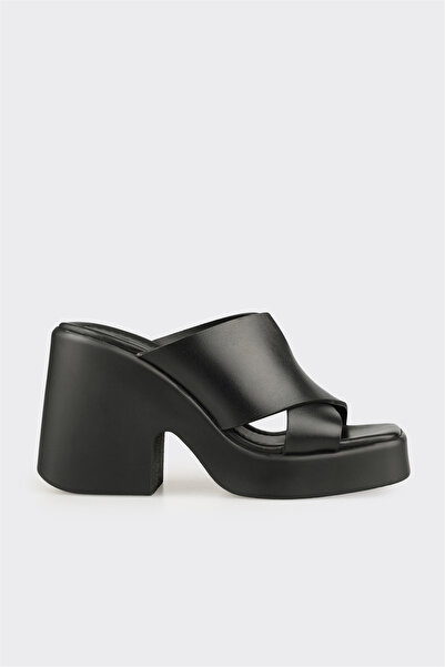 Elle Shoes Siyah Deri Kadın Yüksek Topuk Terlik