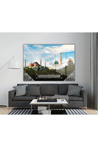 Nükte Tasarım Ayasofya, Mekke ve Medine Temalı Yatay Cam Tablo – İslami Hat Y...