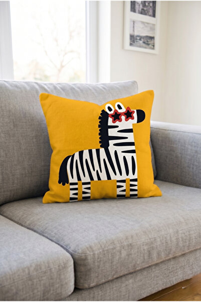Hayal Dekoratif Modern Geometrik Zebra Desen Sarı Zeminli Enerjik ve Yaz Temalı Dijital Baskılı 4'lü Kırlent Kılıfı