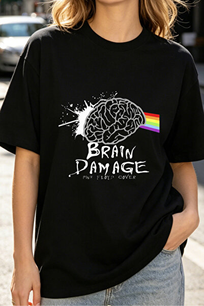 Fleck تي شيرت نسائي بطباعة جرافيكية لتصميم Brain Damage Pink Floyd بأسلوب كاجوال