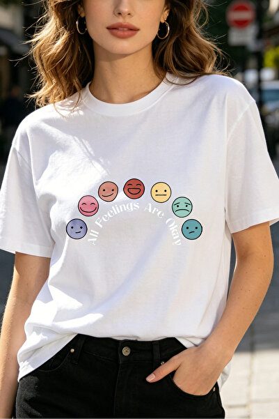 Fleck Womens T Shirts All Feelings Are Okay Emoji Print Casual Style
