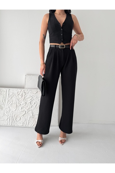 Pukka Pantaloni de damă din crep cu talie înaltă și curea, model Tree Bark