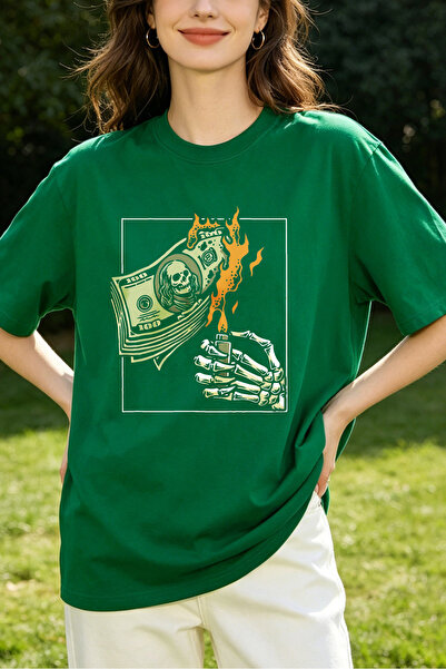 Fleck Womens T Shirts Money Burning Skeleton Hand Graphic Streetwear Style