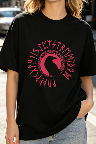 Fleck تي شيرت نسائي بتصميم Norse Runes Viking Raven باللون الأسود كاجوال