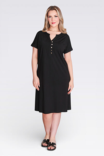 TOLGA SARAÇOĞLU 40198 Black Button Detail Low-Sleeve Relaxed Fit Knitted Dress