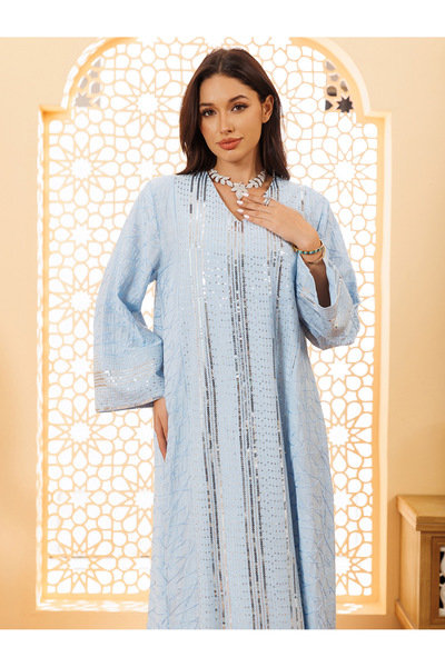 Greneric Abaya Dress with Silver Sequin Embroidery for Muslim Women
