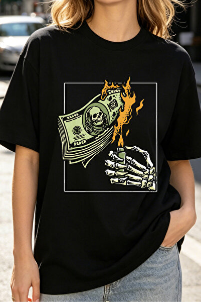 Fleck Womens T Shirts Money Burning Skeleton Hand Graphic Streetwear Style
