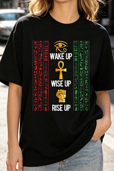 Fleck تي شيرت نسائي: "Wake Up Wise Up Rise Up" مطبوع عليه الحروف الهيرoglية ا...