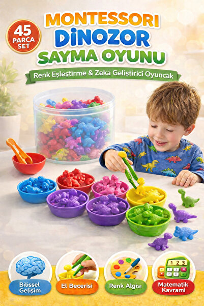YILDIRIM OYUNCAK Montessori Dinosaurs Counting Game 45 Pieces – Color Matchin...