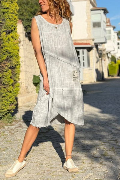 Güneşkızı Ιταλικό γκρι πλυμένο φόρεμα με ασύμμετρη ραφή από βαμβάκι, χαλαρή ύ...
