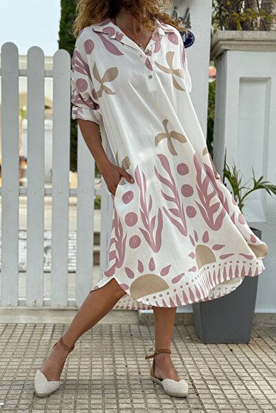 Güneşkızı Ιταλικό λευκό-ροζ πουκάμισο με γιακά, έθνικ σχέδιο, τσέπες, χαλαρό ...