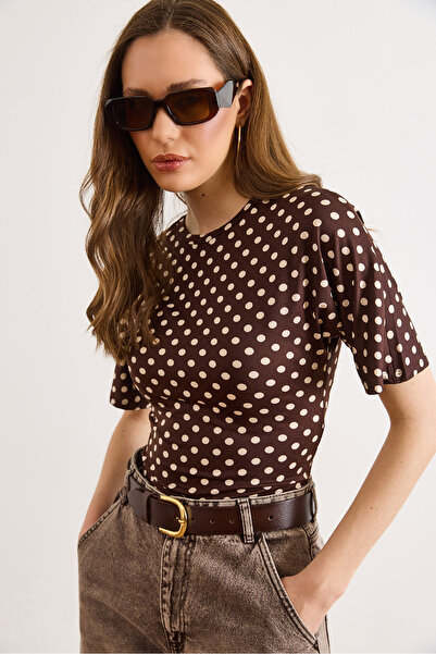 Olalook Γυναικεία Καφέ Μπλούζα με Τρία Τέταρτα Μανίκια Πουά από Πολυαμίδιο BL...