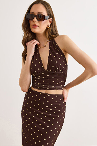 Olalook Γυναικεία καφέ μπλούζα από τούλι με λουράκι στο λαιμό και πουά σχέδιο...