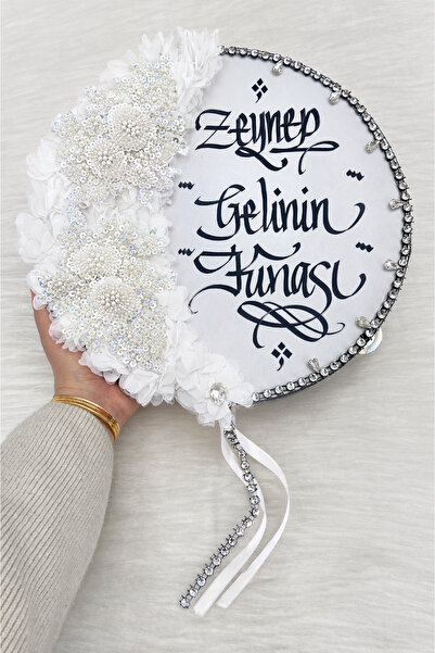 ZEYMERADE Beyaz Kaligrafi Gelin Tefi 32cm, Vip Güpürlü, Parlak Taş Ve 3d Çiçe...