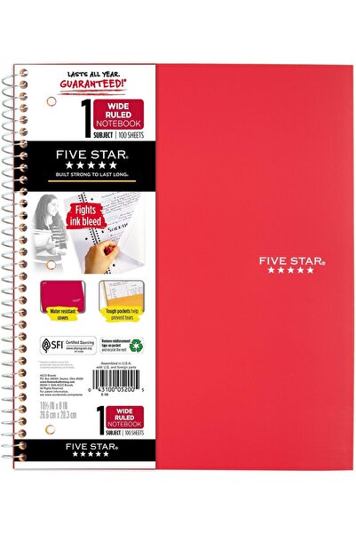Generic Five Star Spiral Notebook, One Subject, Wide Ruled, 27x20cm, 100 Shee...