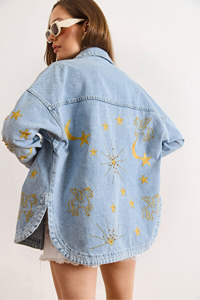 Olalook Γυναικείο Μπλε Τζιν Πουκάμισο-Μπουφάν με Κέντημα Φεγγάρι και Αστέρια ...