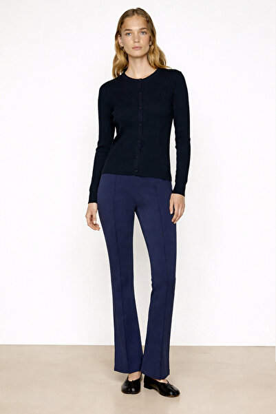 Triko Mısırlı Navy Blue Wide Leg Cropped Women's Trousers