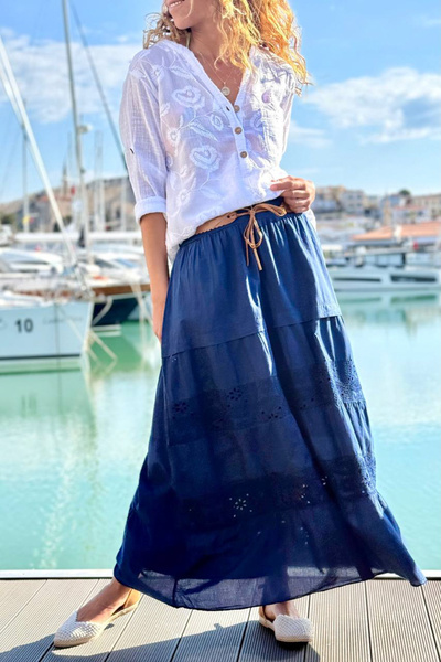 Güneşkızı Ιταλική Ναυτική Μπλε Φούστα με Φόδρα, Κεντημένη, Βαμβακερή, Υφαντή,...