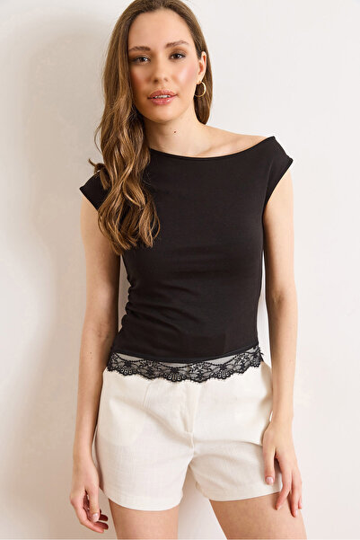 Olalook Women's Black Single Shoulder Lace Detailed Single Jersey Blouse Blz-...