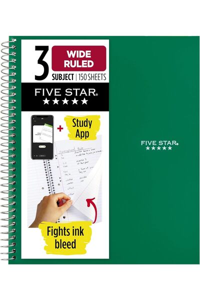 Generic Five Star Spiral Notebook + Study App, 3 Subjects, Wide Ruled Paper (...