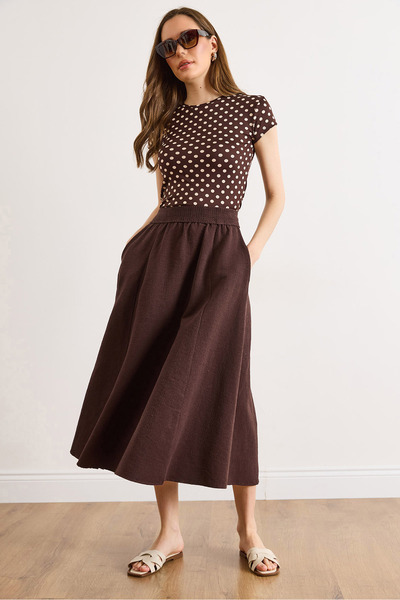 Olalook Γυναικεία Καφέ Φούστα από Λινό με Λεπτομέρεια Ζώνης Γκουπέρ και Τσέπε...