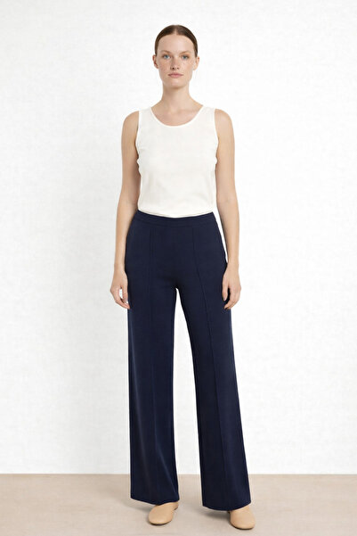 Triko Mısırlı Navy Blue Ribbed Wide Leg Women's Trousers