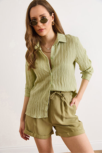 Olalook Γυναικείο πουκάμισο με ρίγες σε πράσινο χρώμα, υφαντό και ντραπέ, GML...