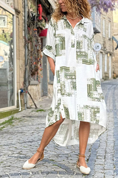 Güneşkızı Ιταλικό λευκό-πράσινο φόρεμα με έθνικ σχέδια, τσέπες και σκίσιμο, α...