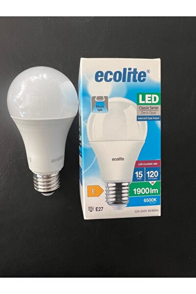 Ecolite 15 WATT BEYAZ IŞIK 6500 KELVİN OPAL CAM 1900 YÜKSEK LÜMENLİ A60 MODEL...
