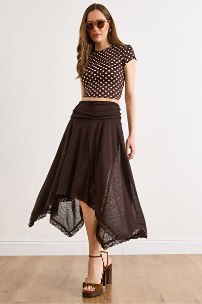Olalook Γυναικεία καφέ φούστα με ασύμμετρη δαντέλα και λεπτομέρειες Boho ETK-...