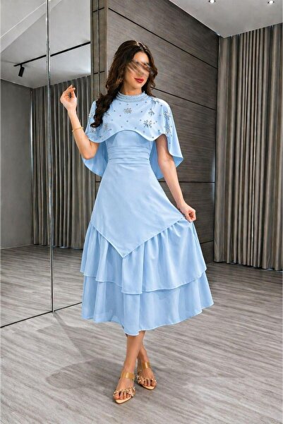 Jood Luxury Layered Midi Dress with Pearls Embellished Cape