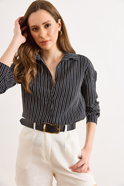 Olalook Γυναικείο μαύρο ριγέ υφαντό πουκάμισο GML-19001427