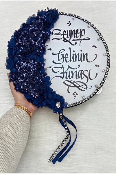ZEYMERADE Lacivert Kaligrafi Gelin Tefi 32cm, Vip Güpürlü, Parlak Taş Ve 3d Ç...