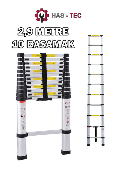 HAS-TEC Teleskopik Merdiven Düz Uzayan 2,9 Metre 10 Basamaklı Alüminyum