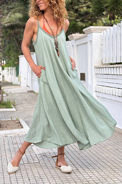 Güneşkızı Ιταλικό Χακί Φόρεμα με Τσέπες και Λουράκια, Λινό, Σε Σχήμα Α, Χαλαρ...