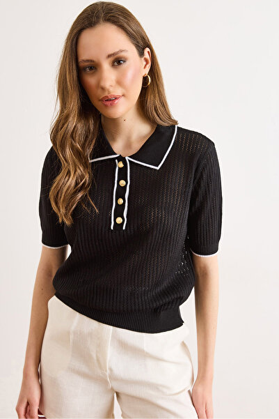 Olalook Γυναικεία μπλούζα πλεκτή με λεπτομέρεια σε μαύρο χρώμα, με λαιμόκοψη ...