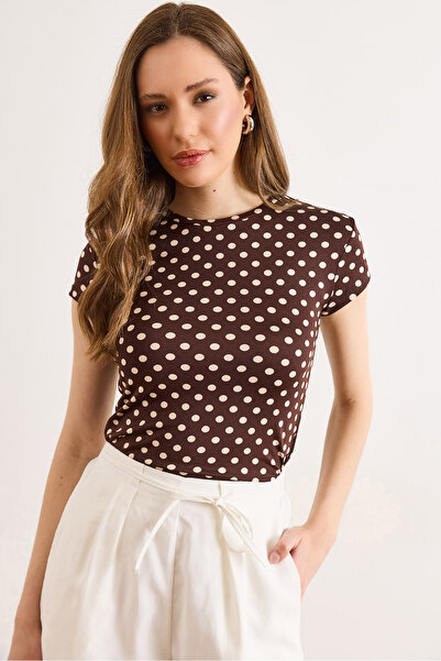 Olalook Γυναικεία Καφέ Μπλούζα με Λαιμόκοψη Ποδηλάτου και Πουά από Πολυαμίδιο...