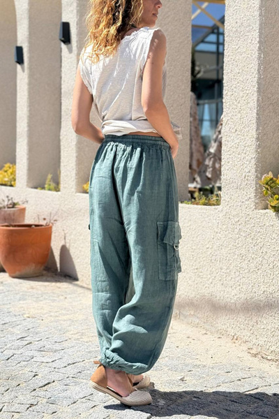 Güneşkızı Ιταλικό Χακί Λινό Παντελόνι με Τσέπες στα Πλαϊνά και Ελαστικά Πόδια...