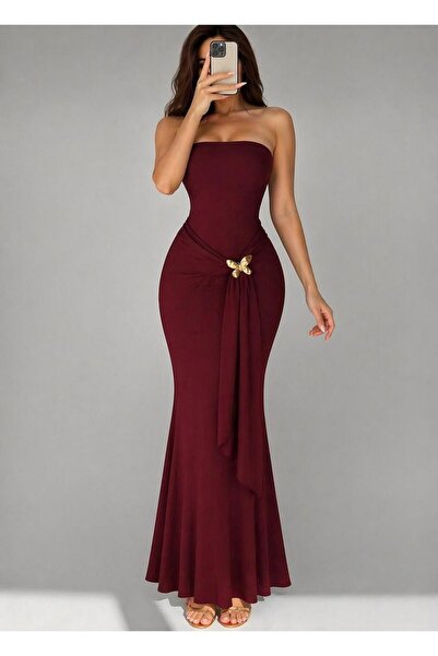 MEGOMEL Γυναικείο φόρεμα με λεπτομέρεια αγκράφας πεταλούδας, στράπλες, εφαρμο...