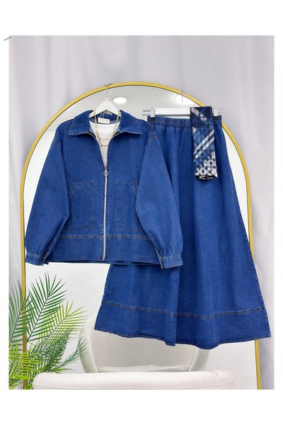 YEDİLALE Jeans Jacket and Skirt Two-Piece Set with Side Pockets and Zipper [E...