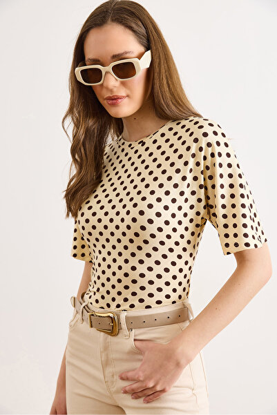 Olalook Γυναικεία Μπεζ Μπλούζα με Τριών Τετάρτων Μανίκια Πουά από Πολυαμίδιο ...