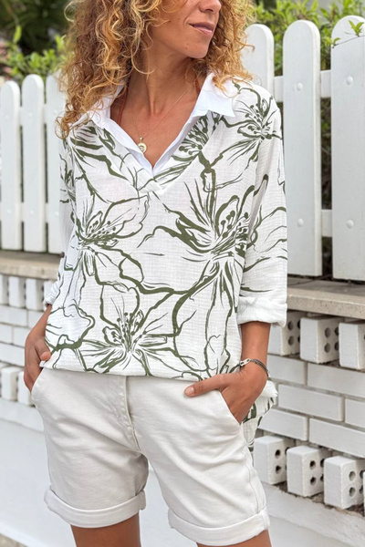 Güneşkızı Ιταλικό λευκό-πράσινο πουκάμισο με γιακά, λουλουδάτο, μουσελίνα, χα...