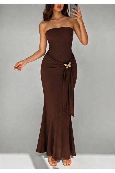 MEGOMEL Γυναικείο φόρεμα με λεπτομέρεια αγκράφας πεταλούδας, στράπλες, εφαρμο...